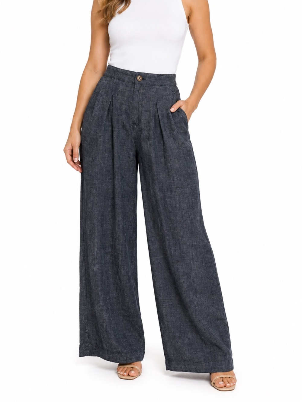 Halston Heritage Dark Charcoal Wide-Leg High-Waist Pants